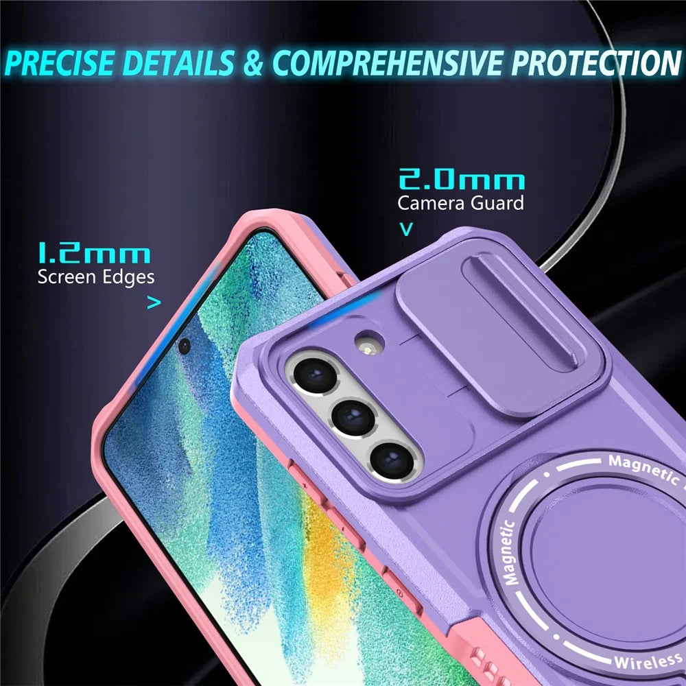 For Samsung Galaxy S21 FE 5G Case PC+TPU Magnetic Phone Shell with Slide Camera Cover - Pink  /  Purple - 3