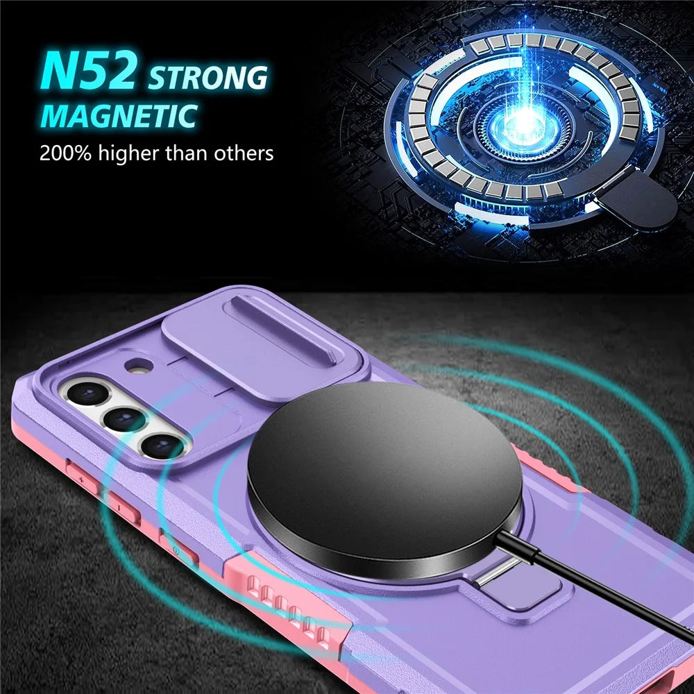 For Samsung Galaxy S21 FE 5G Case PC+TPU Magnetic Phone Shell with Slide Camera Cover - Pink  /  Purple - 4