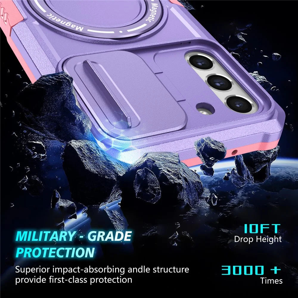 For Samsung Galaxy S21 FE 5G Case PC+TPU Magnetic Phone Shell with Slide Camera Cover - Pink  /  Purple - 5