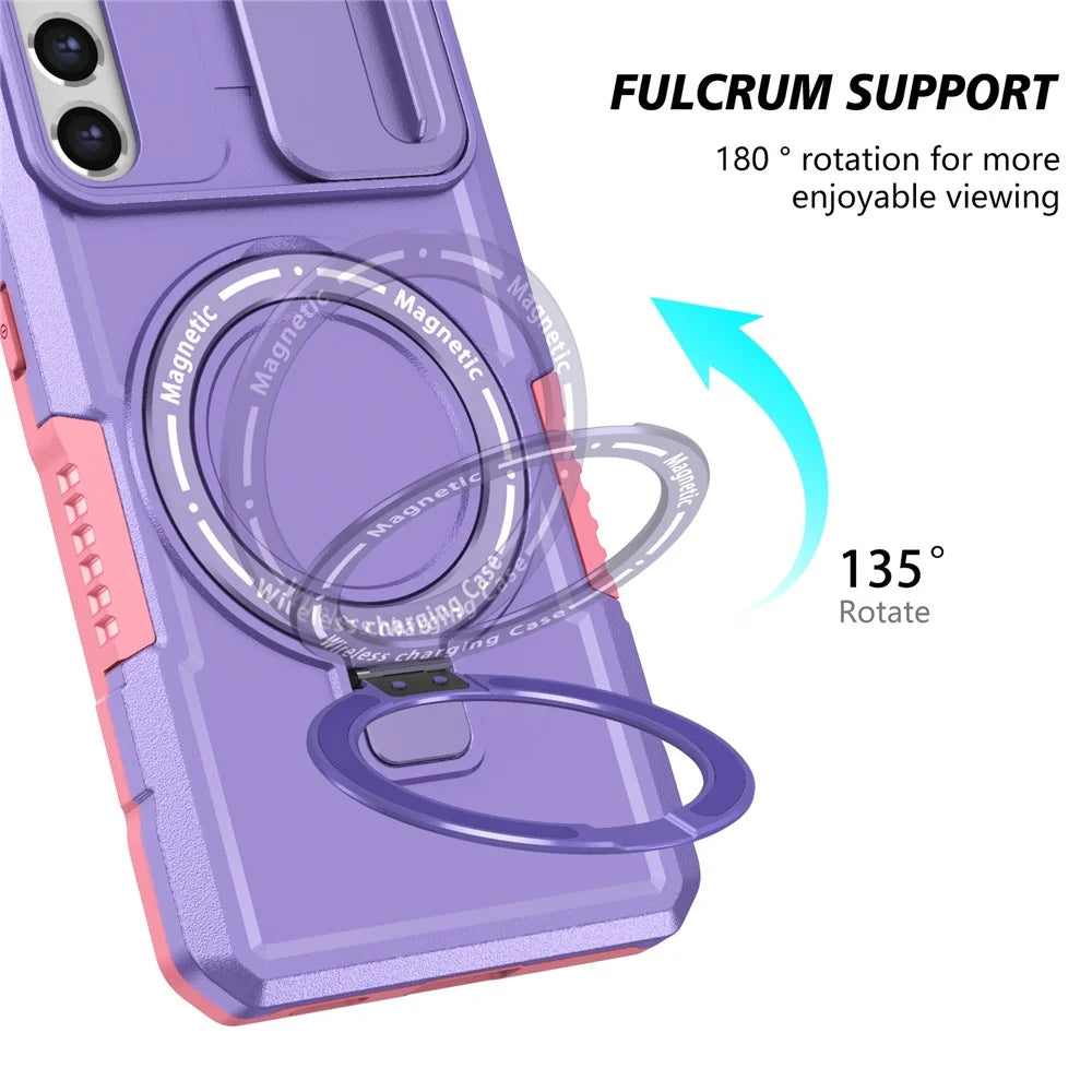 For Samsung Galaxy S21 FE 5G Case PC+TPU Magnetic Phone Shell with Slide Camera Cover - Pink  /  Purple - 6