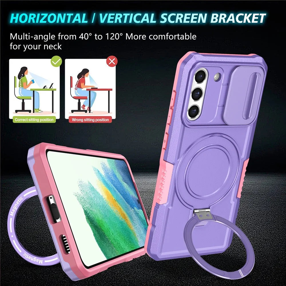 For Samsung Galaxy S21 FE 5G Case PC+TPU Magnetic Phone Shell with Slide Camera Cover - Pink  /  Purple - 7