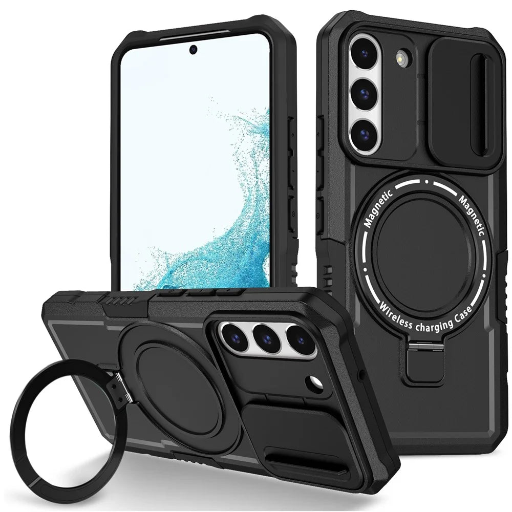 For Samsung Galaxy S22+ 5G kickstand Case PC+TPU Magnetic Phone Shell with Lens Cover - Black - 1