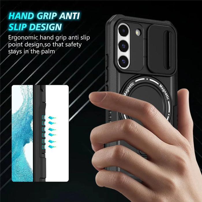 For Samsung Galaxy S22+ 5G kickstand Case PC+TPU Magnetic Phone Shell with Lens Cover - Black - 2