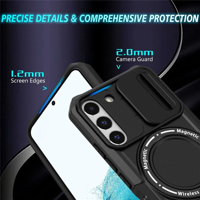 For Samsung Galaxy S22+ 5G kickstand Case PC+TPU Magnetic Phone Shell with Lens Cover - Black - 3