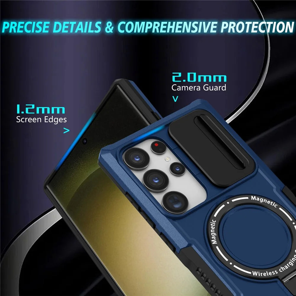 For Samsung Galaxy S24 Ultra Case PC+TPU Phone Cover with Lens Lid Magnetic Case - Sapphire - 3