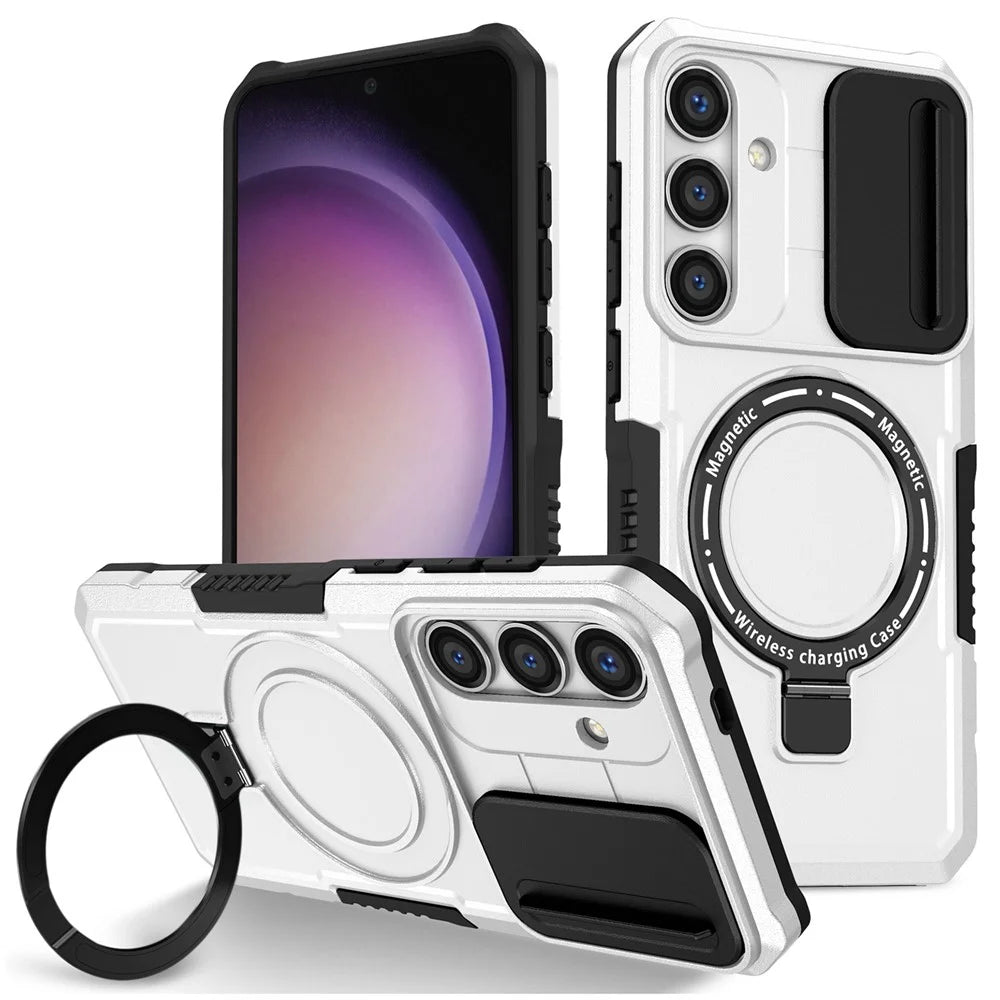 For Samsung Galaxy S24+ Case Slide Lens Window Kickstand Protective Cover Magnetic Case - Black  /  White - 1