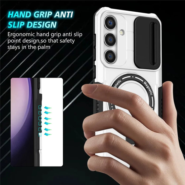 For Samsung Galaxy S24+ Case Slide Lens Window Kickstand Protective Cover Magnetic Case - Black  /  White - 2