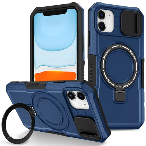 For iPhone 11 Case Invisible Magnetic Kickstand PC+TPU Phone Shell Built-in Sliding Lens Cover - Sapphire - 1
