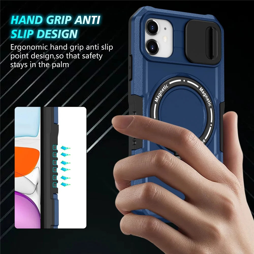 For iPhone 11 Case Invisible Magnetic Kickstand PC+TPU Phone Shell Built-in Sliding Lens Cover - Sapphire - 2