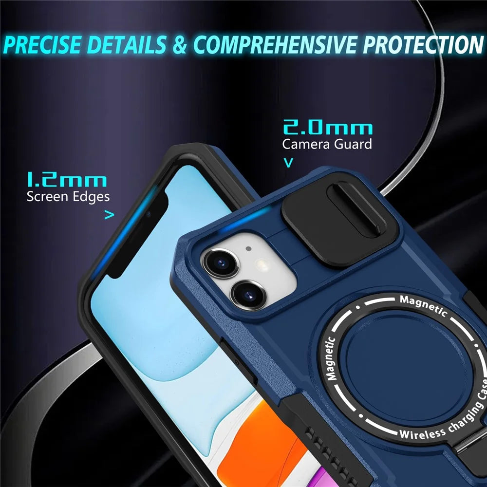 For iPhone 11 Case Invisible Magnetic Kickstand PC+TPU Phone Shell Built-in Sliding Lens Cover - Sapphire - 3
