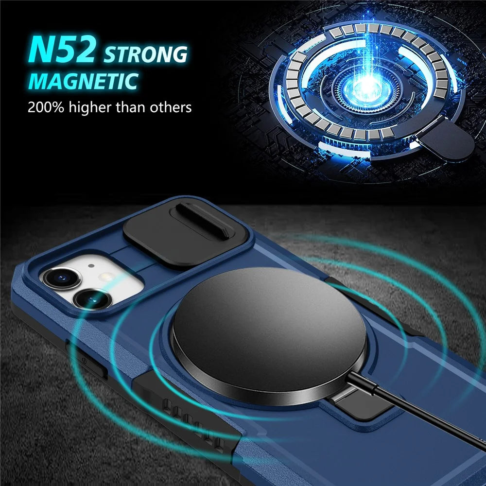 For iPhone 11 Case Invisible Magnetic Kickstand PC+TPU Phone Shell Built-in Sliding Lens Cover - Sapphire - 4