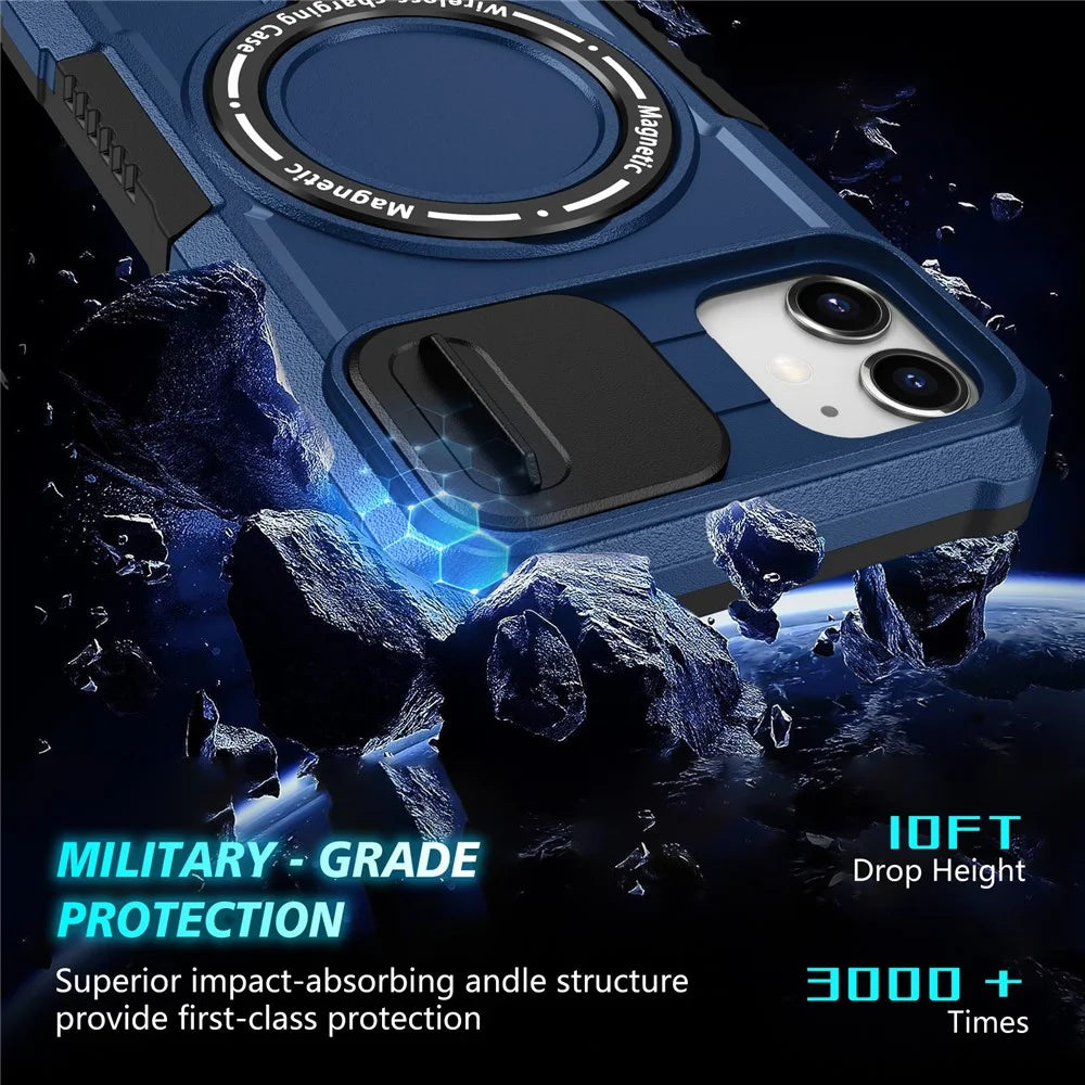For iPhone 11 Case Invisible Magnetic Kickstand PC+TPU Phone Shell Built-in Sliding Lens Cover - Sapphire - 5