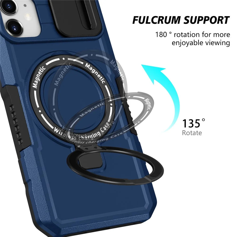 For iPhone 11 Case Invisible Magnetic Kickstand PC+TPU Phone Shell Built-in Sliding Lens Cover - Sapphire - 6
