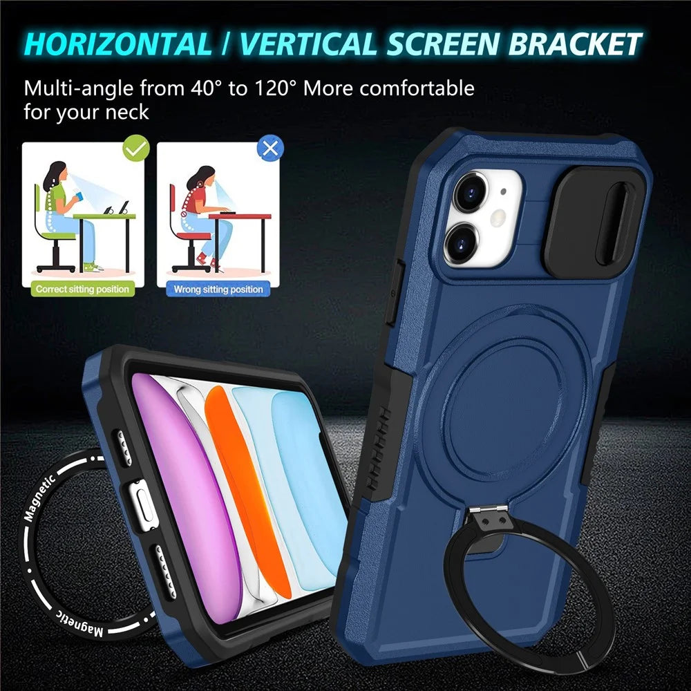 For iPhone 11 Case Invisible Magnetic Kickstand PC+TPU Phone Shell Built-in Sliding Lens Cover - Sapphire - 7