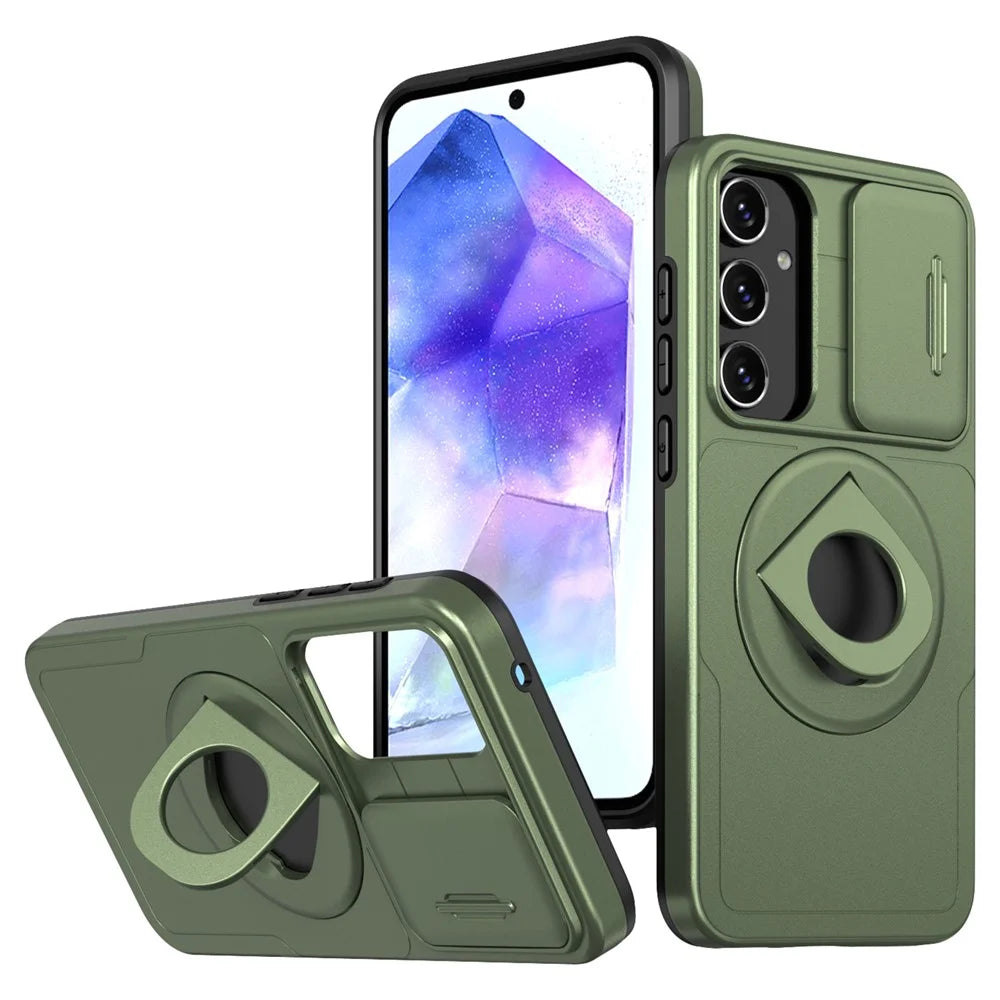 For Samsung Galaxy A55 5G Case Magnetic Kickstand TPU+PC Phone Cover with Slide Lens Lid - Green - 1