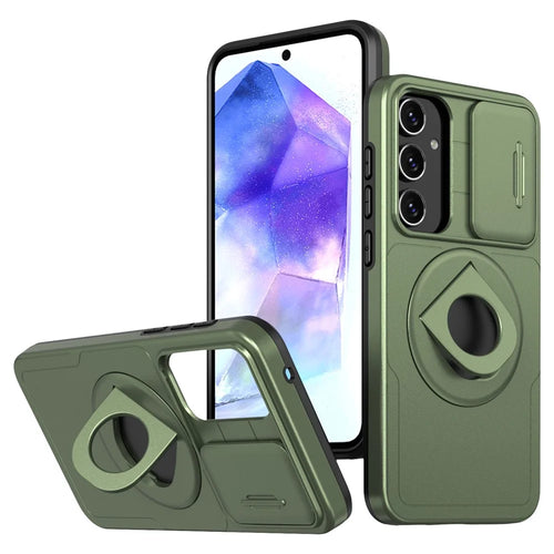For Samsung Galaxy A55 5G Case Magnetic Kickstand TPU+PC Phone Cover with Slide Lens Lid - Green - 1