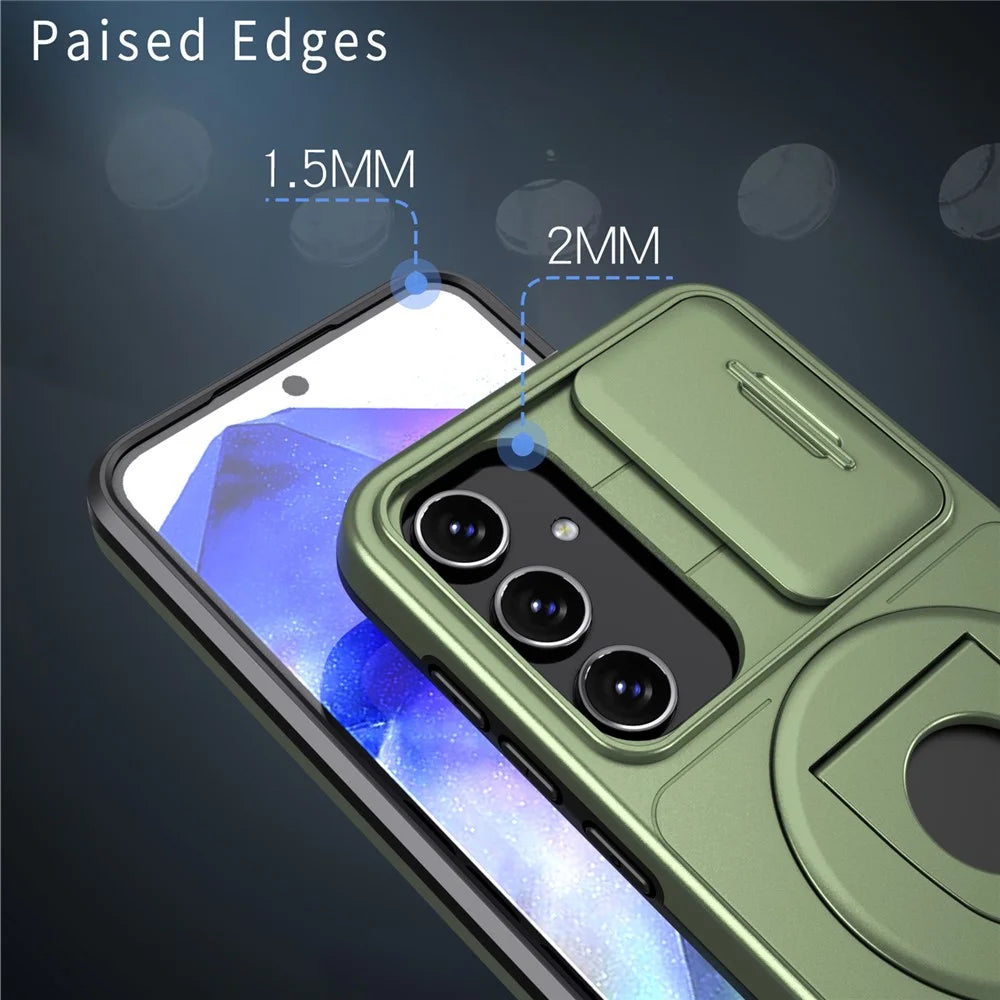 For Samsung Galaxy A55 5G Case Magnetic Kickstand TPU+PC Phone Cover with Slide Lens Lid - Green - 3