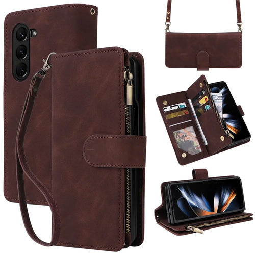 For Samsung Galaxy Z Fold5 5G Case Multiple Card Slots Zipper Leather Crossbody Phone Cover - Coffee - 1