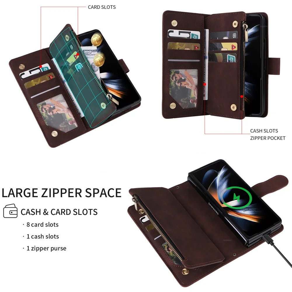 For Samsung Galaxy Z Fold5 5G Case Multiple Card Slots Zipper Leather Crossbody Phone Cover - Coffee - 2