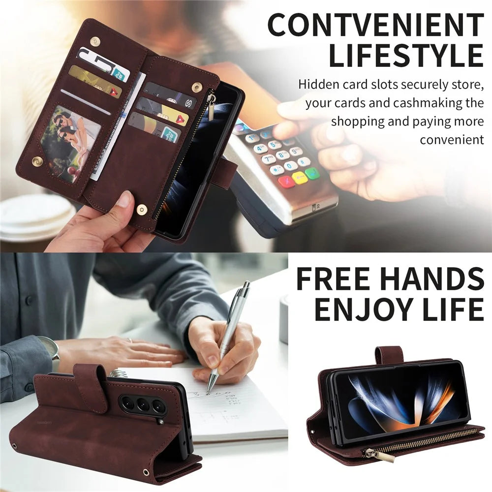 For Samsung Galaxy Z Fold5 5G Case Multiple Card Slots Zipper Leather Crossbody Phone Cover - Coffee - 3