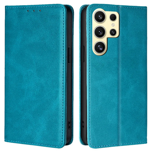 For Samsung Galaxy S24 Ultra Case Magnetic Closing Leather Calf Textured Phone Cover - Baby Blue - 1