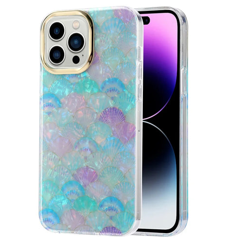 For iPhone 14 Pro Max Case Pattern IMD Design PC+TPU Phone Cover with Electroplating Lens Frame - Y7-Blue Shell - 1