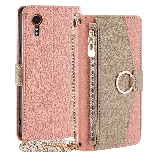 For Samsung Galaxy Xcover7 Phone Case Crossbody Zipper Wallet Cover with Makeup Mirror - Pink - 1
