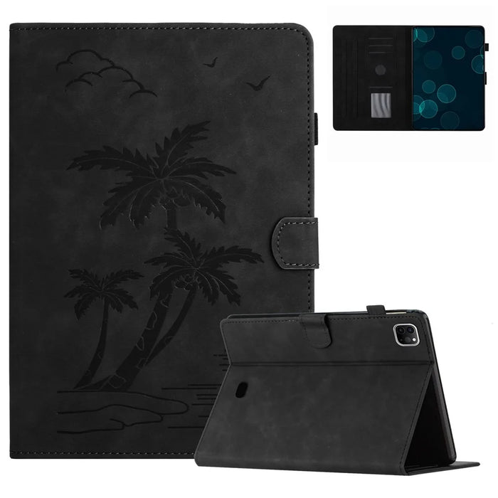 For iPad Pro 11-inch (2018) / (2020) / (2021) / (2022) / Air (2020) / Air (2022) Card Holder Coconut Tree Imprinted Leather Tablet Cover - Black - 1