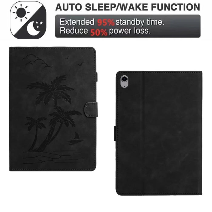 For iPad (2025) / 10.9 (2022) Stand Case Card Holder Coconut Tree Imprinted Leather Tablet Cover - Black - 6