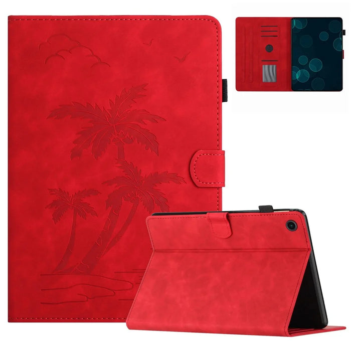 For Samsung Galaxy Tab A9 X110 X115 Case PU Leather Card Slots Cover Coconut Tree Pattern - Red - 1