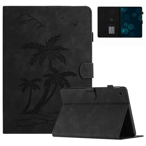 For Samsung Galaxy Tab A8 10.5 (2021) X200 / X205 / (2022) Card Holder Coconut Tree Imprinted Leather Tablet Cover - Black - 1