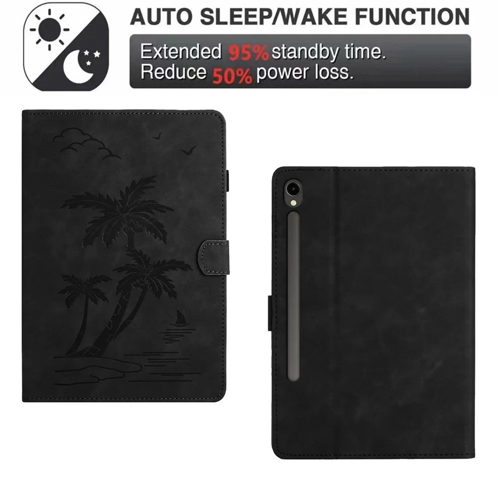 For Samsung Galaxy Tab S9 (X710 X716B X718U) / S10 FE / S9 FE (X510 / X516B) Card Holder Case Coconut Tree Imprinted Leather Tablet Cover - Black - 6