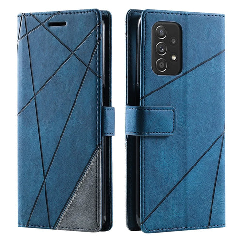 For Samsung Galaxy A33 5G Wallet Case PU Leather Phone Back Cover Lines Imprinted - Blue - 1