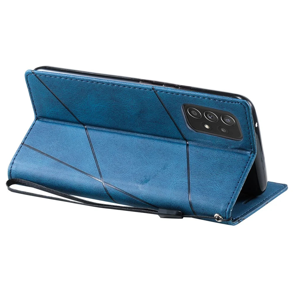 For Samsung Galaxy A33 5G Wallet Case PU Leather Phone Back Cover Lines Imprinted - Blue - 3