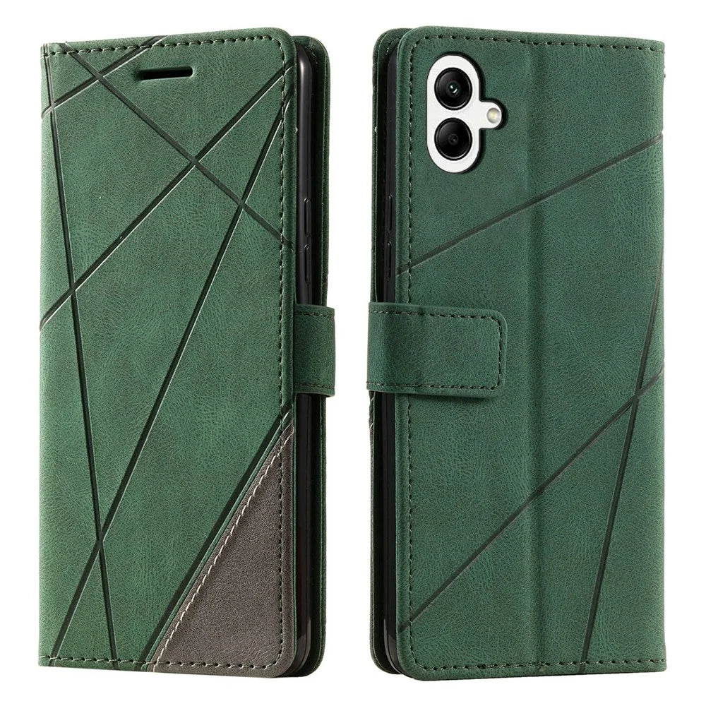 For Samsung Galaxy A05 4G Leather Case Lines Imprinted Skin-touch Wallet Phone Cover - Green - 1