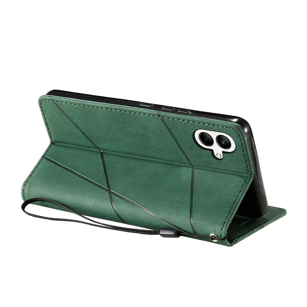 For Samsung Galaxy A05 4G Leather Case Lines Imprinted Skin-touch Wallet Phone Cover - Green - 3