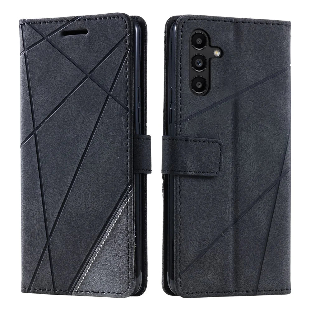 For Samsung Galaxy A55 5G Shockproof Phone Stand Cover PU Leather Wallet Imprinted Line Case - Black - 1