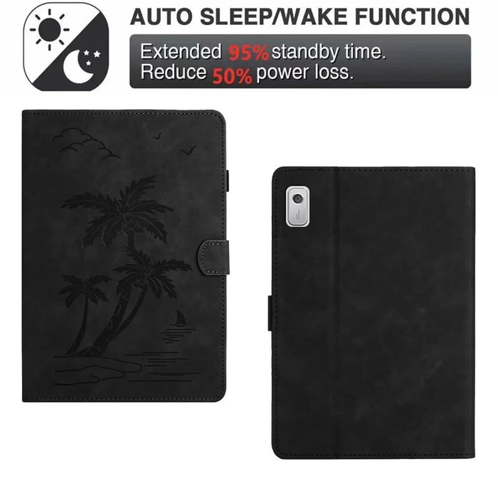 For Lenovo Tab M9 TB-310FU Case Card Slots PU Leather Coconut Tree Imprinted Tablet Cover Auto Wake / Sleep - Black - 6
