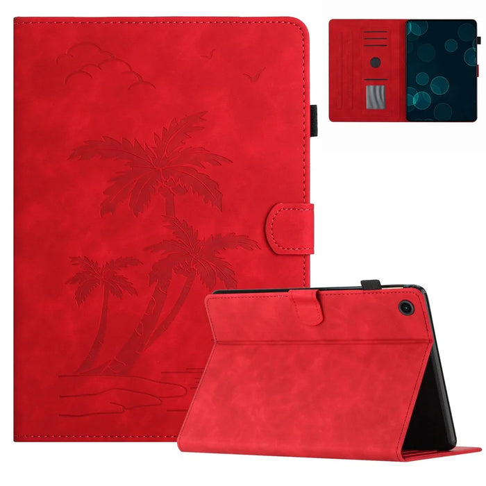 For Samsung Galaxy Tab A9+ (X210 / X216) Case with Card Holder Coconut Tree Pattern PU Leather Tablet Cover - Red - 1