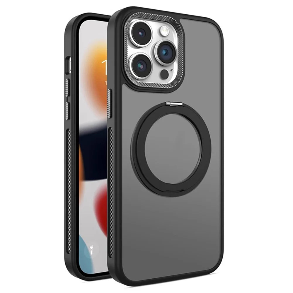 For iPhone 13 Pro Max Magnetic Case Rotary Ring Kickstand PC+TPU Protective Phone Cover - Black - 1