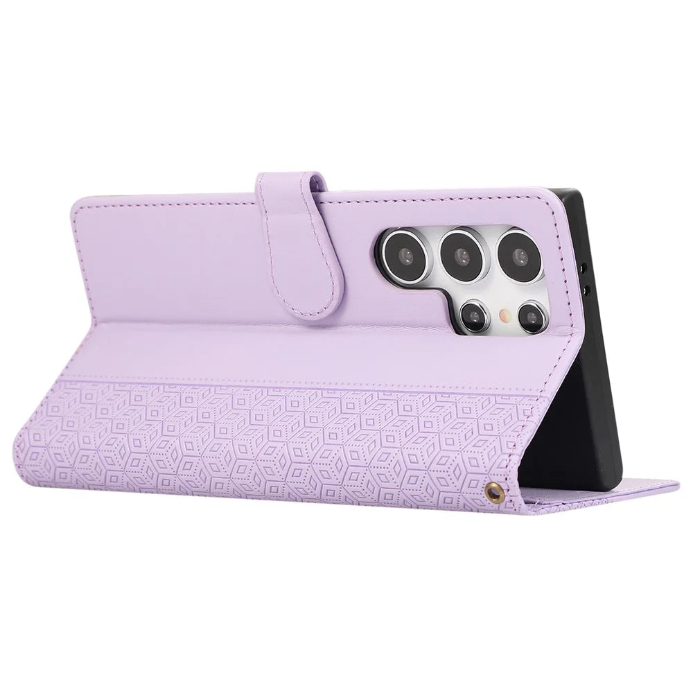 R20 for Samsung Galaxy S23 Ultra Case Splicing Rhombus PU Leather Stand Wallet Cover - Purple - 4