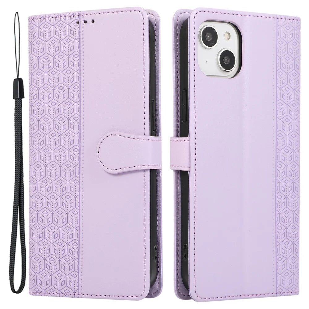 R20 for iPhone 15 Plus Phone Case Splicing Imprinted Rhombus Leather Wallet Cover - Purple - 1