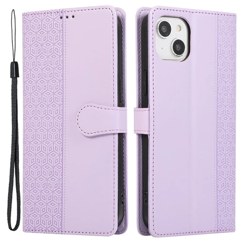 R20 for iPhone 15 Plus Phone Case Splicing Imprinted Rhombus Leather Wallet Cover - Purple - 1