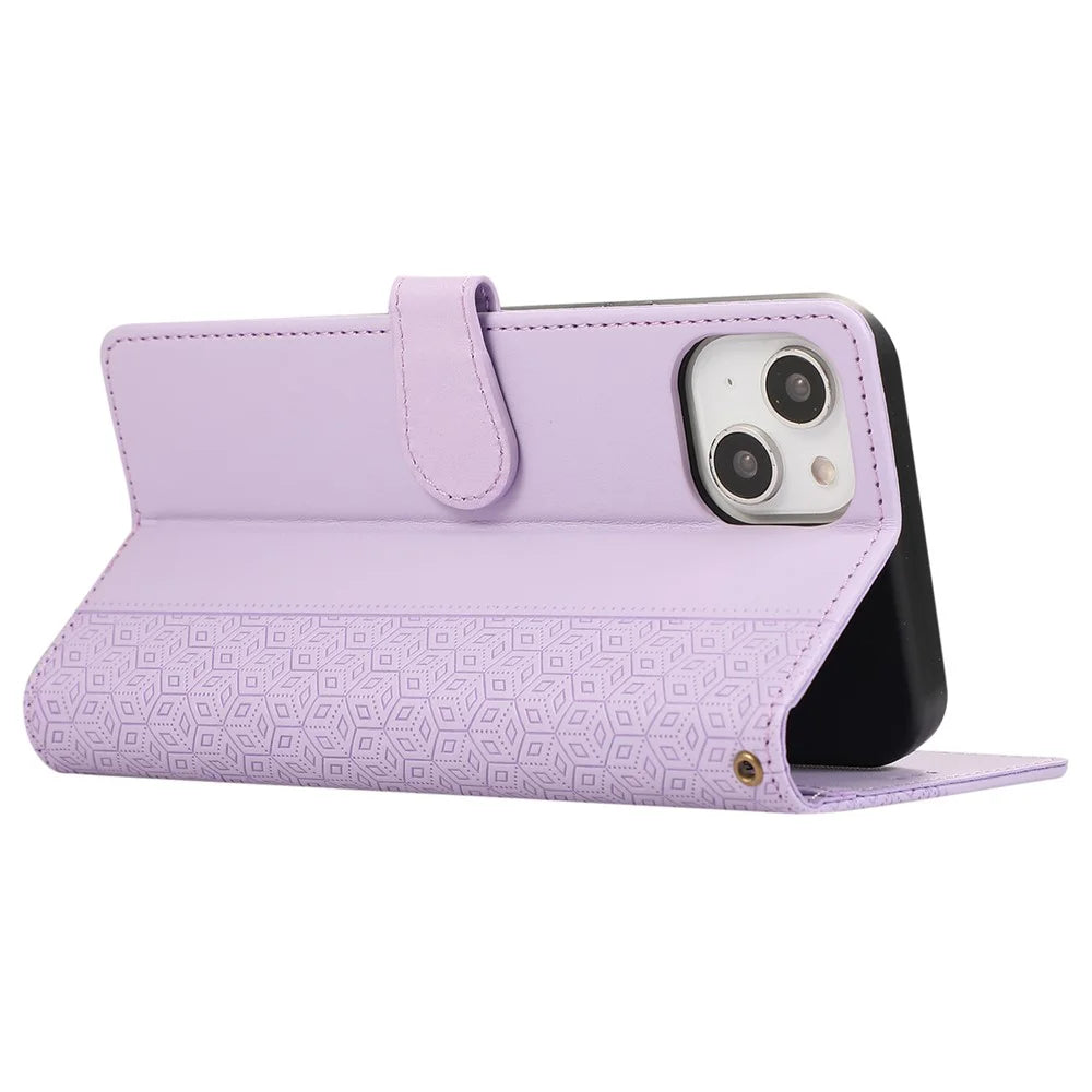 R20 for iPhone 15 Plus Phone Case Splicing Imprinted Rhombus Leather Wallet Cover - Purple - 4