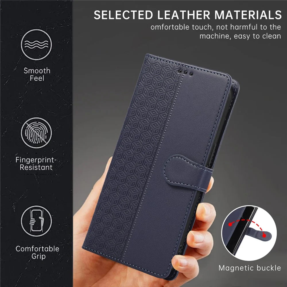 R20 for iPhone 15 Case Splicing Imprinted Rhombus Anti-Scratch Leather Phone Cover - Blue - 7
