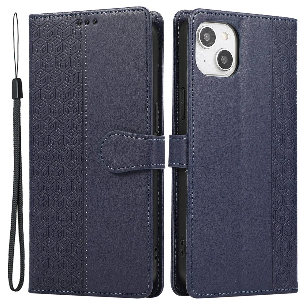 R20 for iPhone 14 Plus Wallet Case PU Leather Splicing Rhombus Cell Phone Cover - Blue - 1