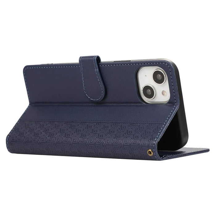 R20 for iPhone 14 Plus Wallet Case PU Leather Splicing Rhombus Cell Phone Cover - Blue - 4