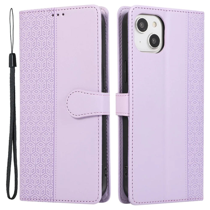 R20 for iPhone 14 Wallet Case Imprinted Rhombus Splicing PU Leather Flip Phone Cover - Purple - 1