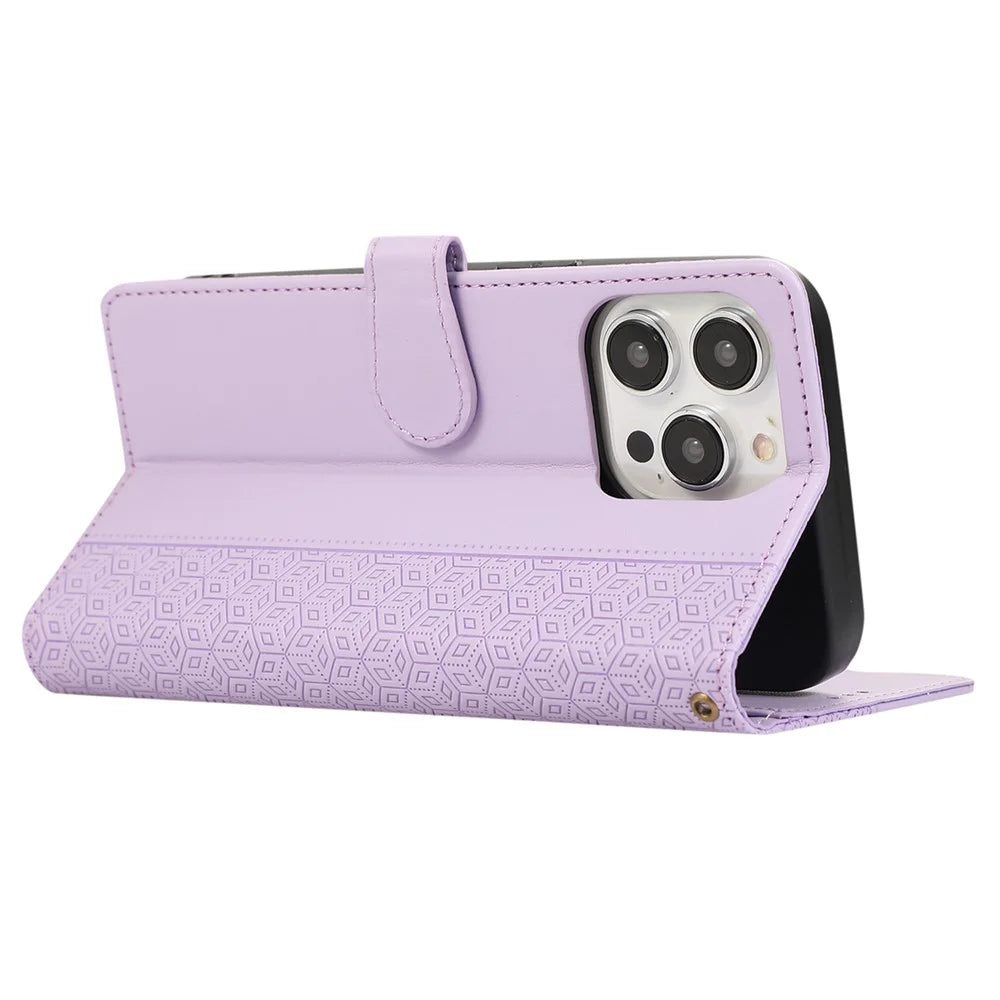 R20 Leather Case for iPhone 15 Pro Max Splicing Imprinted Rhombus Phone Wallet Cover - Purple - 4