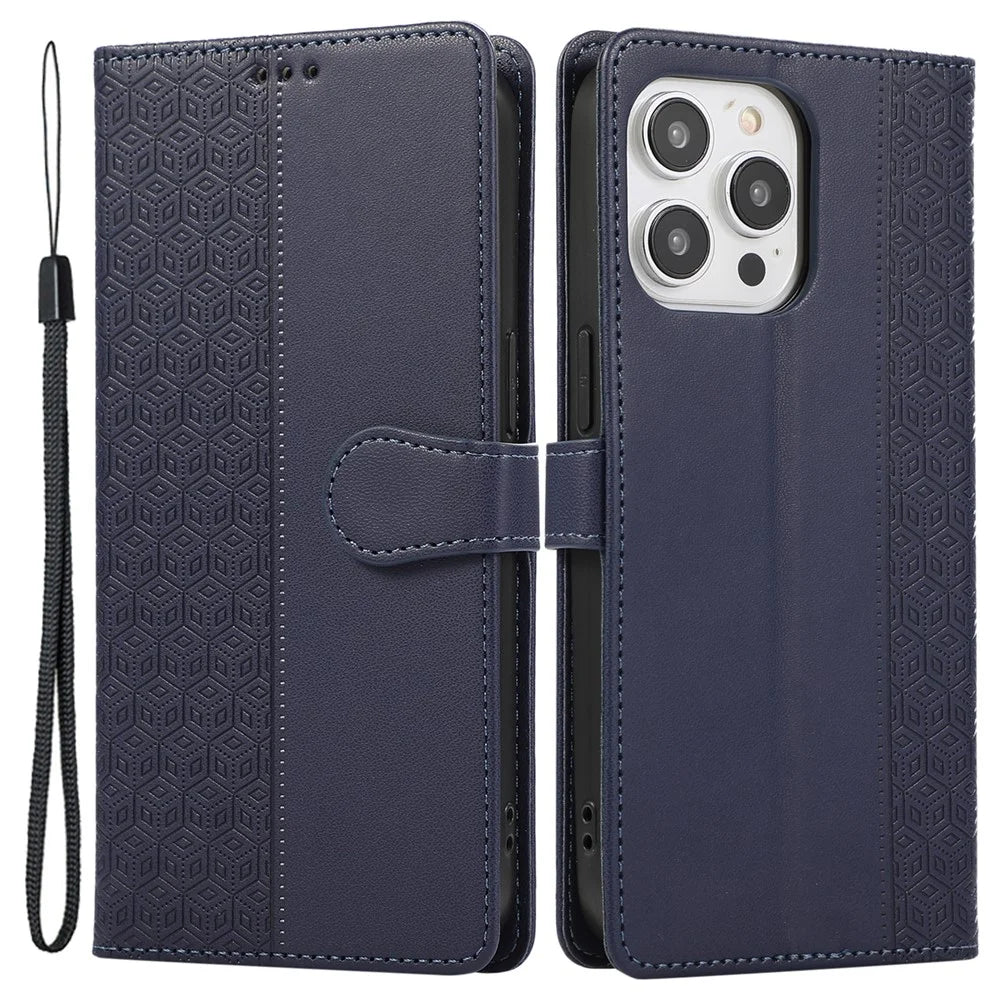 R20 for iPhone 14 Pro Max Case Splicing Imprinted Rhombus Anti-scratch Leather Phone Cover - Blue - 1
